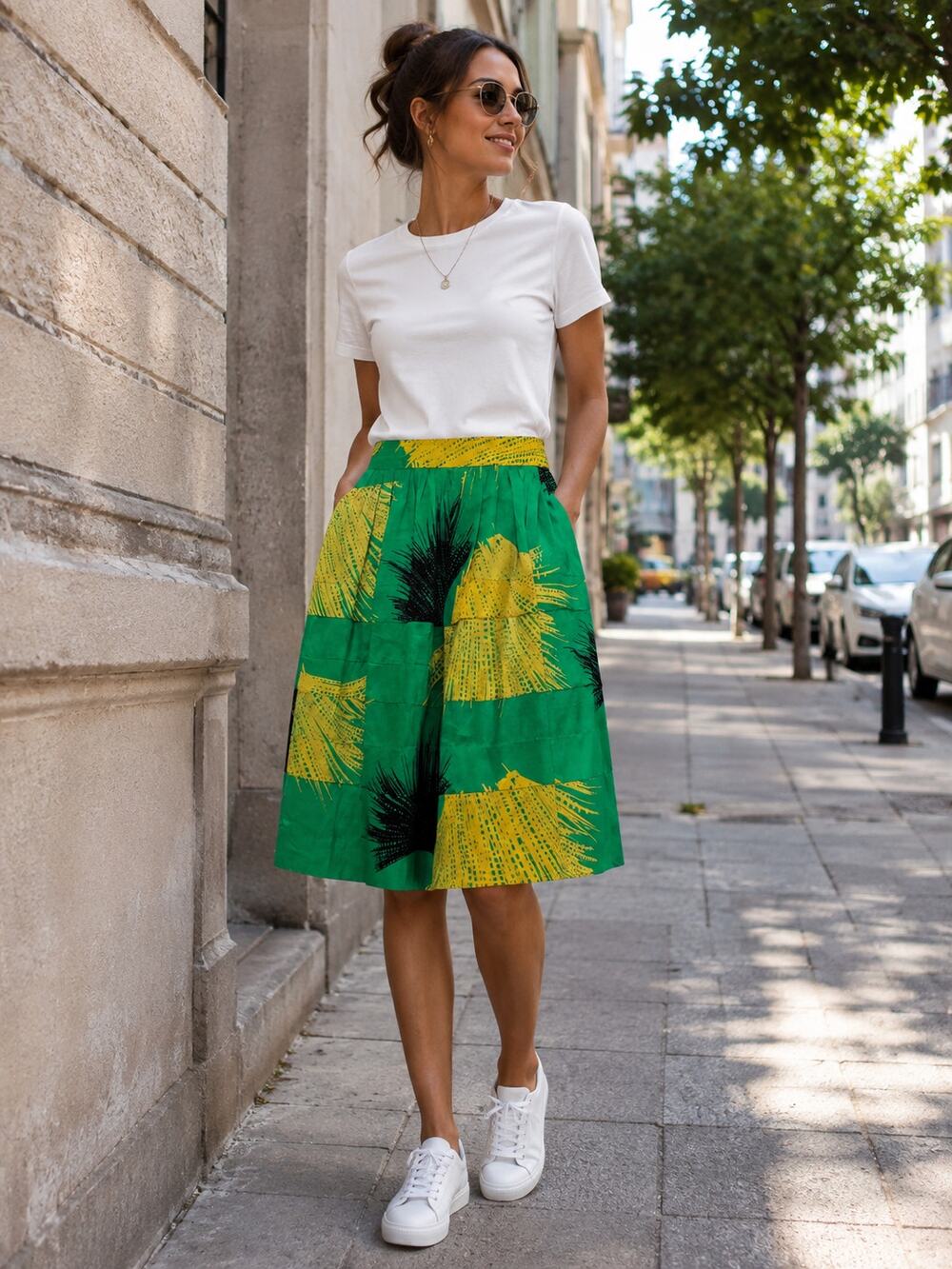 Sariah Silk Tropical Palm Pleated Midi Skirt - Green & Yellow